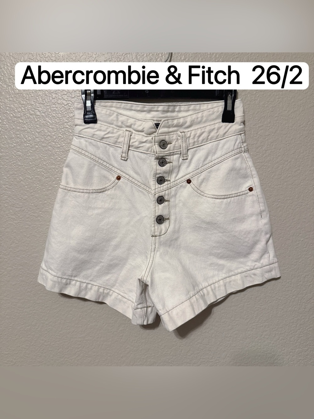 Abercrombie & Fitch White Denim High Waisted Button Fly Shorts 26/2
